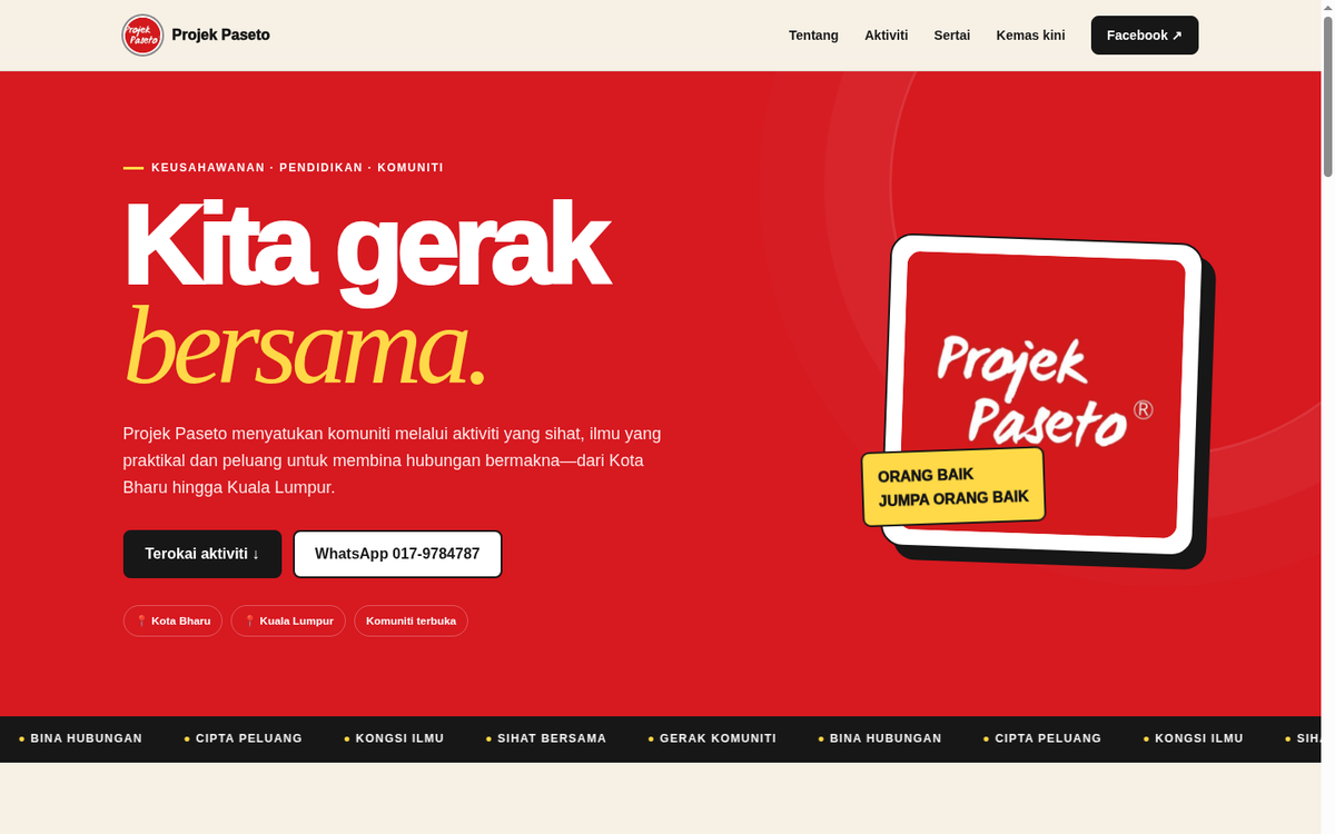 Screenshot laman web Projek Paseto